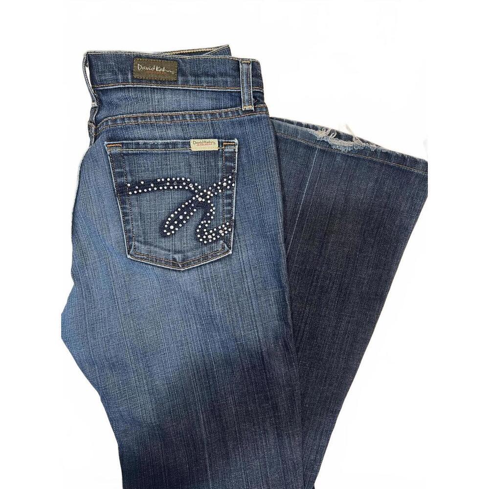 David Kahn Y2K Rhinestone Bootcut Blue Denim Jeans Mid Rise Raw Hem Size W28